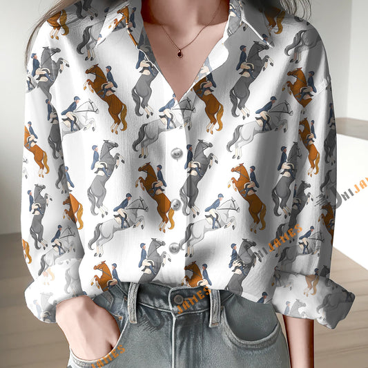 Unique Horse Girl Racing Print Casual Long Sleeve Comfortable Shirt