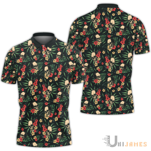 Unique Skull Aloha Pattern Polo Shirt