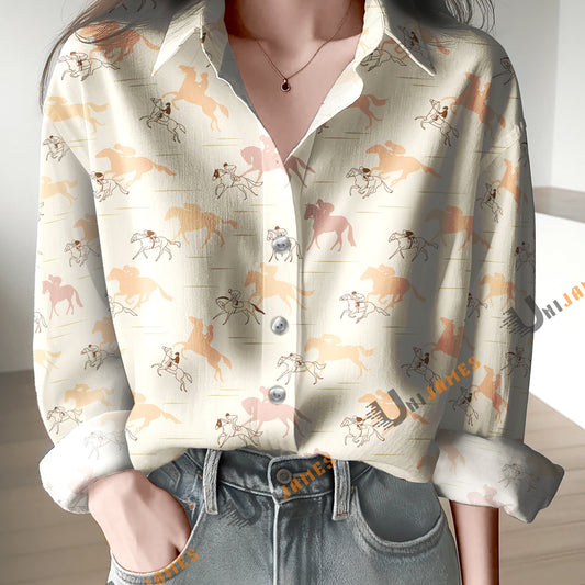 Unique Horse Racing Beige Print Casual Long Sleeve Comfortable Shirt