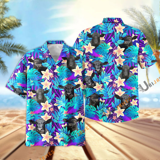 Uni Black Angus Light Blue Flowers 3D Hawaiian Shirt