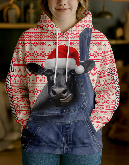 Uni Personalized Name & Farm Name Merry Christmas Cow Hoodie