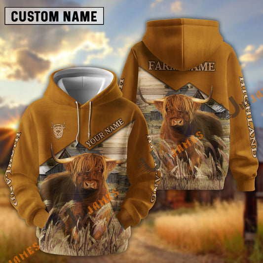 Uni Highland Yellow Leather Pattern Customized Name and Farm Name 3D Hoodie