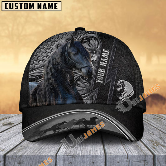 Unijames Friesian Horse Carving Black Leather Pattern Personalized Name Cap