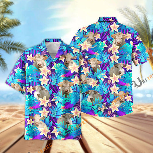 Uni Charolais Light Blue Flowers 3D Hawaiian Shirt