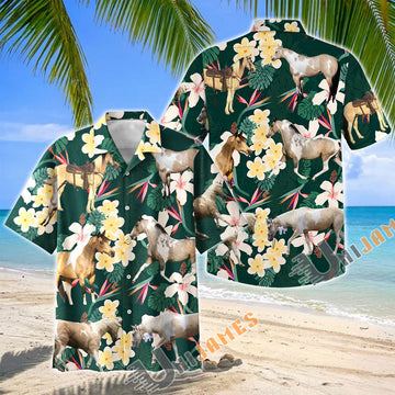 Unijames Buckskin Paint Horse Tropical Floral Green Hawaiian Shirt For Judy Glaser