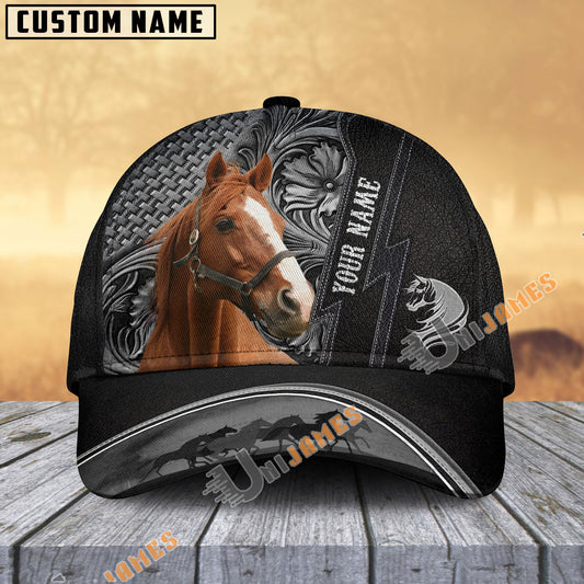 Unijames Thoroughbred Horse Carving Black Leather Pattern Personalized Name Cap