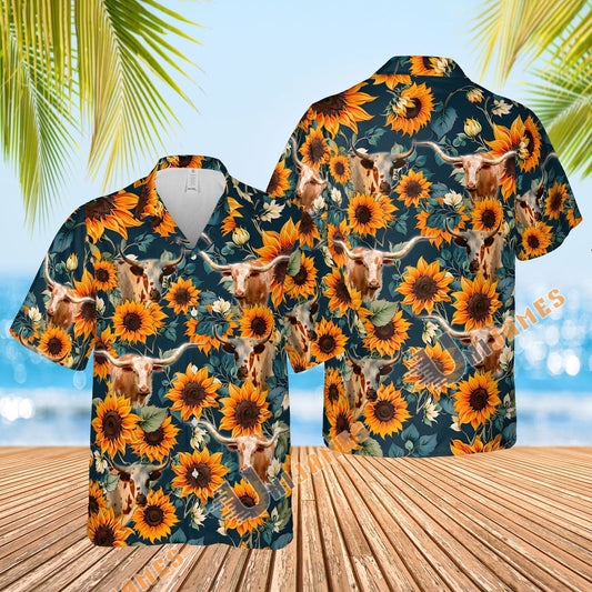 Uni Texas Longhorn Sunflowers Blue 3D Hawaiian Shirt