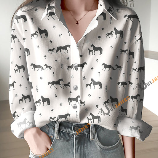 Unique Horse Family Print Casual Long Sleeve Comfortable Shirt