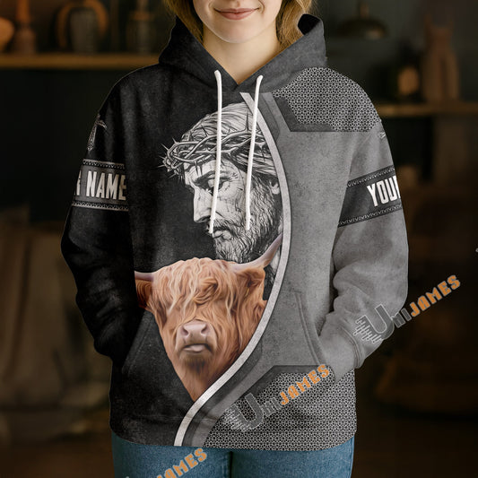 Uni Personalized Name & Farm Name Jesus and Cow Christian Hoodie (10 Cattle Breeds)