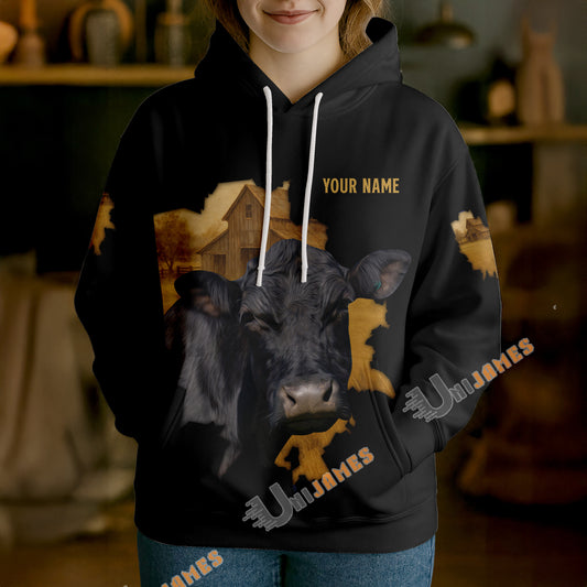 Uni Personalized Name & Farm Name Vintage Barn Cow Hoodie (10 Cattle Breeds)