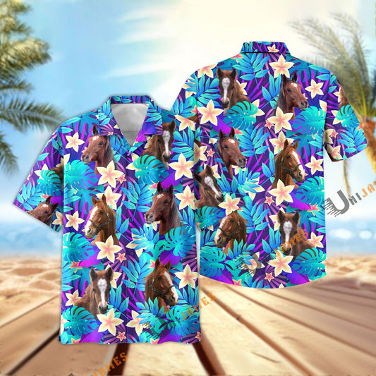 Uni Horse Light Blue Flowers 3D Hawaiian Shirt
