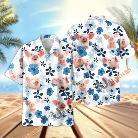 Uni Pig Retro Blue Aloha Floral Hawaiian Shirt