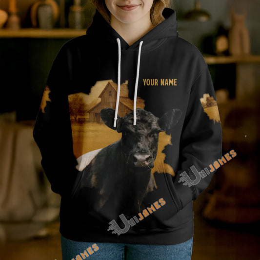 Uni Personalized Name & Farm Name Vintage Barn Cow Hoodie (10 Cattle Breeds)