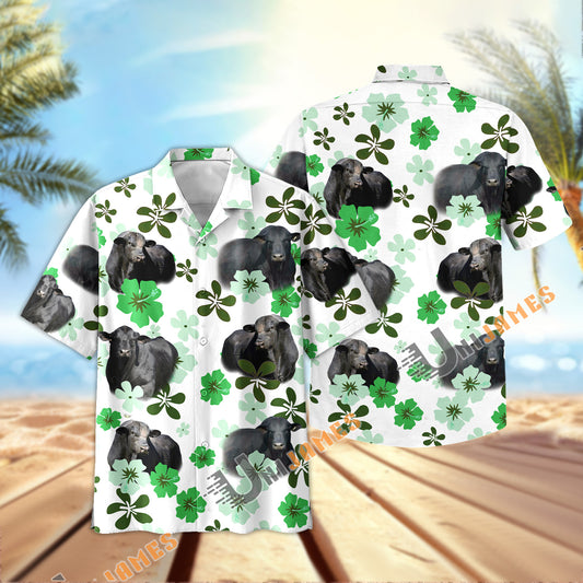 Uni Black Angus Bull Retro Green Aloha Floral Hawaiian Shirt