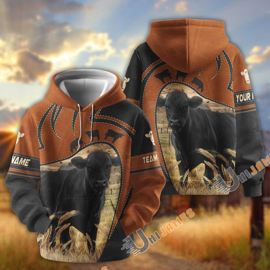 Uni Black Angus Leather Pattern Custom Name, Farm Name 3D Hoodie
