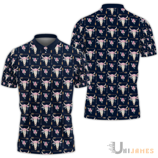 Unique Navy Cowskull Pattern Polo Shirt