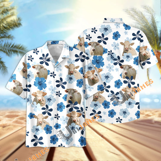 Uni Charolais Retro Blue Aloha Floral Hawaiian Shirt