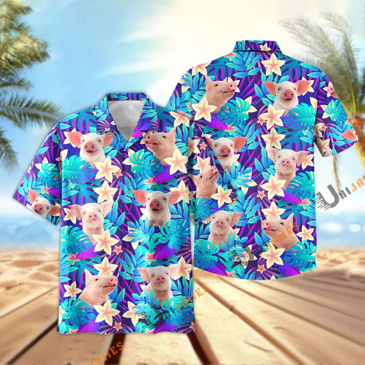 Uni Pig Light Blue Flowers 3D Hawaiian Shirt
