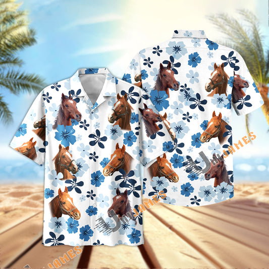 Uni Horse Retro Blue Aloha Floral Hawaiian Shirt