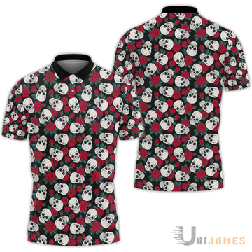 Unique Skull Red Rose Pattern Polo Shirt