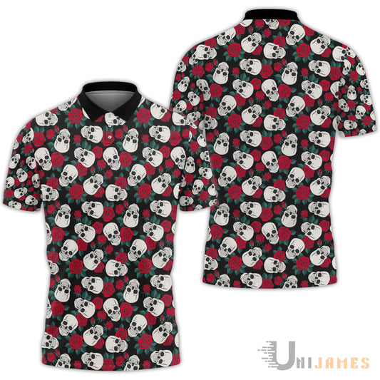 Unique Skull Red Rose Pattern Polo Shirt