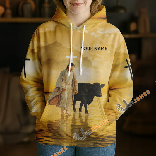 Uni Personalized Name & Farm Name Jesus Blessed This Farm Christian Hoodie (10 Cattle Breeds)