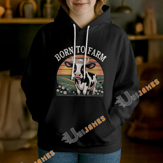 Uni Born to Farm Farm Life Hoodie, Rustic Farm Cow Hoodie