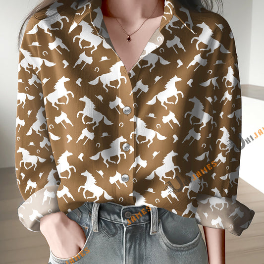 Unique Horse Brown & White Print Casual Long Sleeve Comfortable Shirt