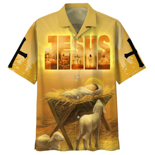 UniJames Baby Jesus In A Manger Hawaiian Shirts - Christian Hawaiian Shirt - Jesus Hawaiian Shirts