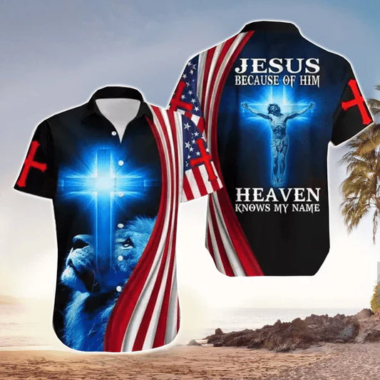 UniJames Because Of Him Heaven Know My Name Jesus Hawaiian Shirt With Lion & Christian Cross - Christian Hawaiian Shirt for Men Women