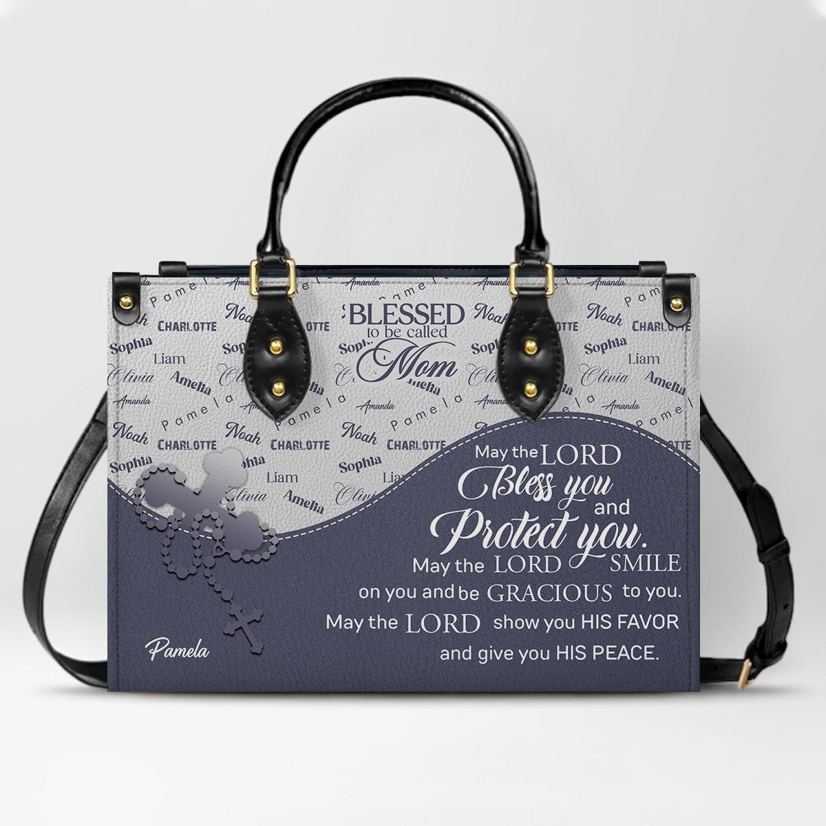 Personalized Leather Handbag – Blessed Grandma Purse with Grandkids' Names Background, Christian Bible Verse Bag, Gift for Women