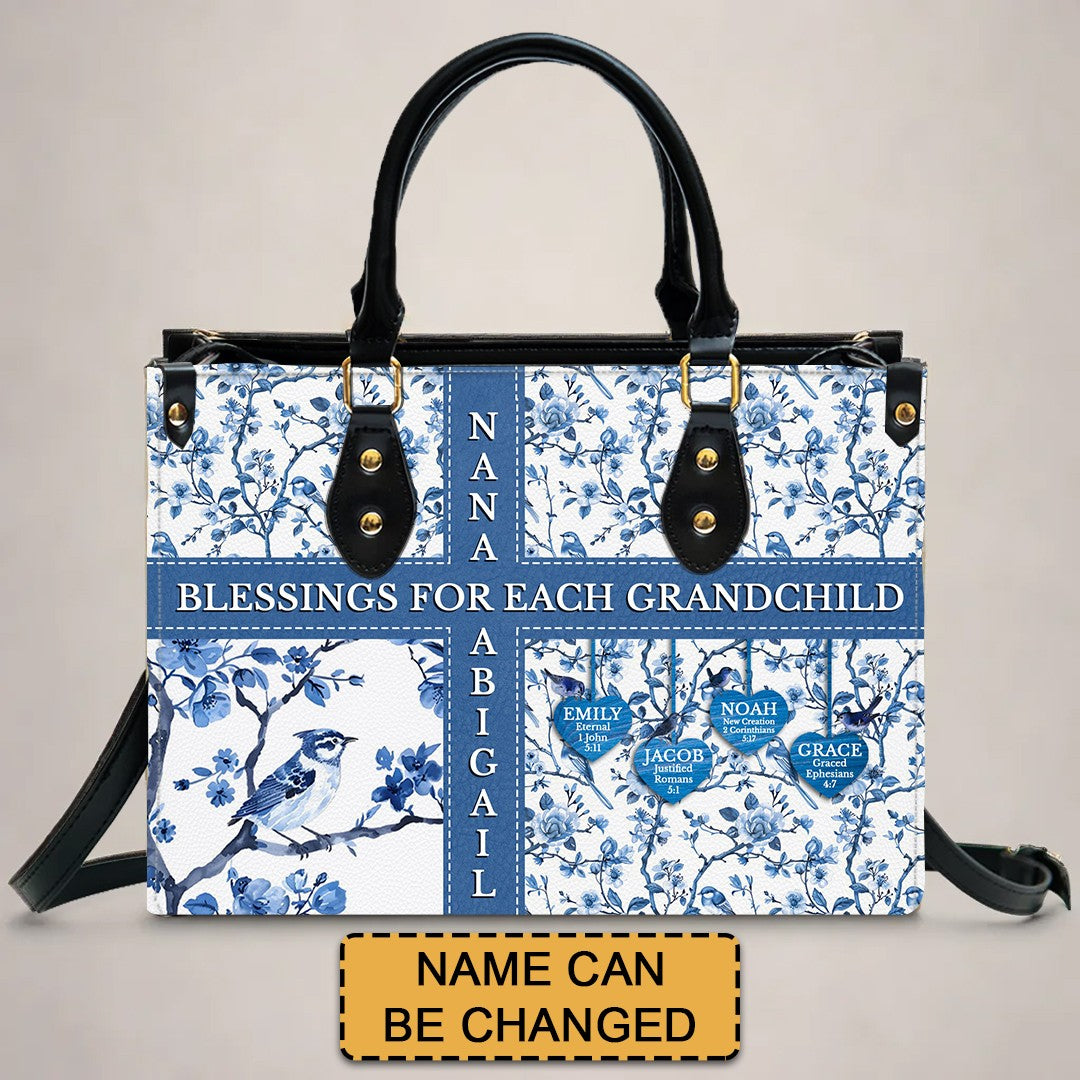 Personalized Leather Handbag with Bible Blessings for Each Grandchild – Custom Christian Gift by