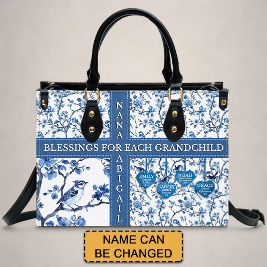 Personalized Leather Handbag with Bible Blessings for Each Grandchild – Custom Christian Gift by