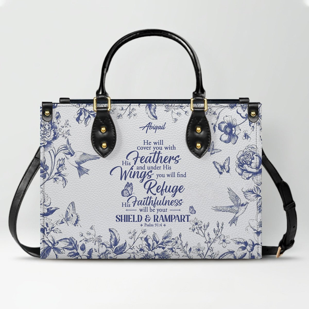 Personalized Christian Leather Handbag with Psalm 91 Bible Verse – Custom Faith Bag by