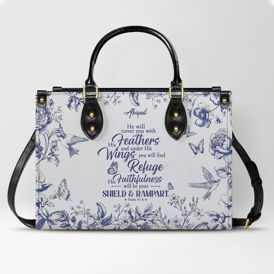 Personalized Christian Leather Handbag with Psalm 91 Bible Verse – Custom Faith Bag by