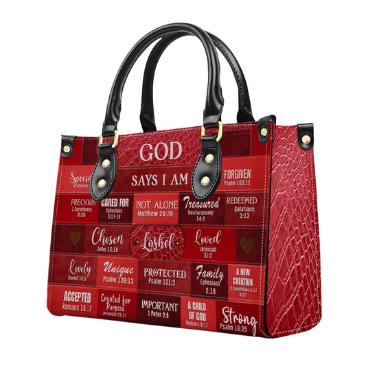 Inspirational Scripture Leather Handbag - Custom Name Tote - GOD Says I Am Red Leather Handbag.