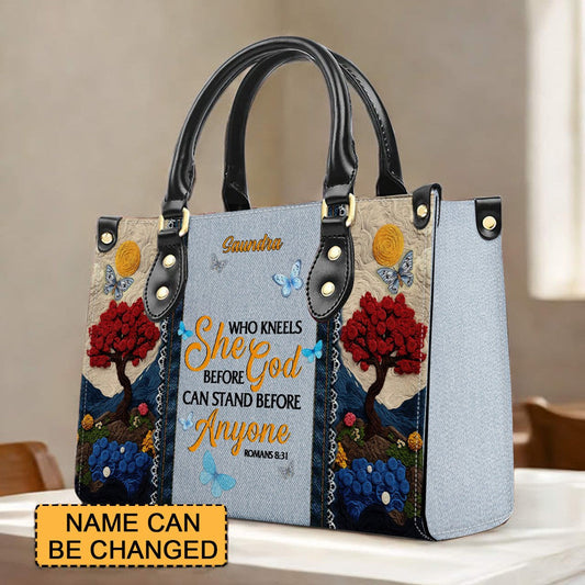 She Who Kneels Before God Romans 8 31, Embroidered Handbag Design, Monogram Leather Handbag, Gifts for Women, CABLTB014825