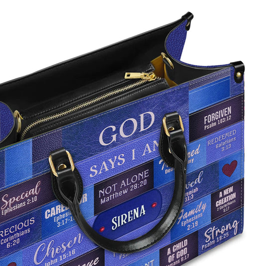 Customizable Luxury Leather Handbag - Personalized Elegance by - GOD Says I Am Blue Leather Handbag.