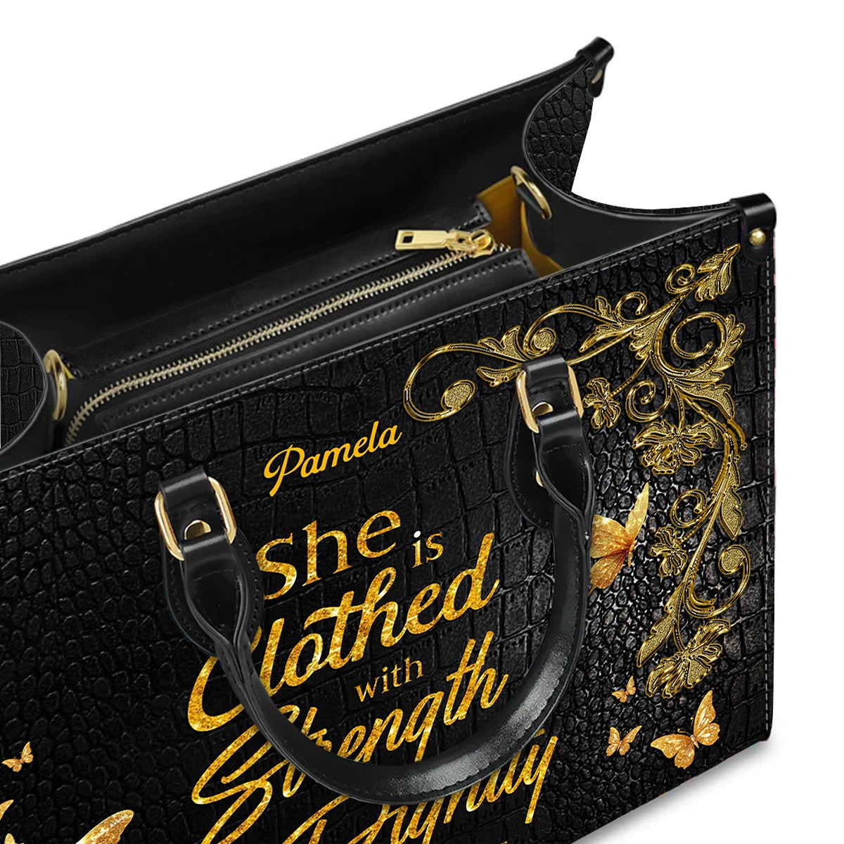 Personalized Leather Handbag – Blessed Mom – She is clothed with strength and dignity – Proverbs 31:25 |
