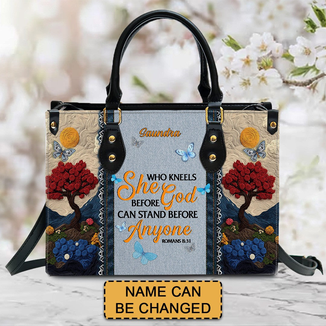 She Who Kneels Before God Romans 8 31, Embroidered Handbag Design, Monogram Leather Handbag, Gifts for Women, CABLTB014825