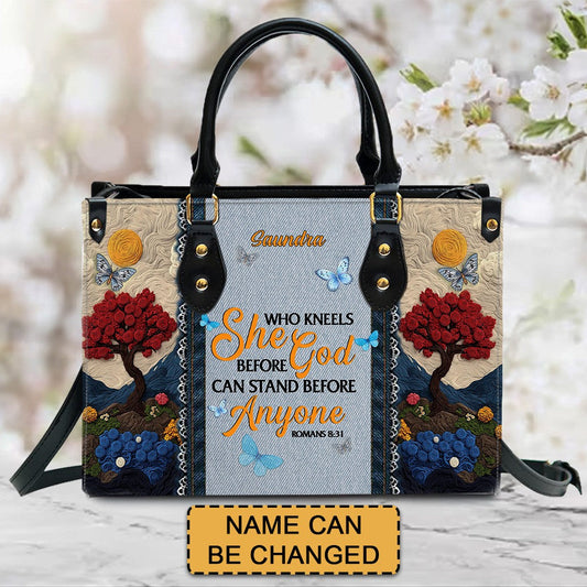 She Who Kneels Before God Romans 8 31, Embroidered Handbag Design, Monogram Leather Handbag, Gifts for Women, CABLTB014825