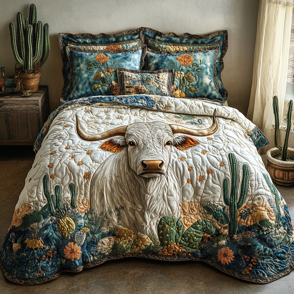 Cactus Longhorn 3-Piece Quilted Bedding Set NCU0DV4959