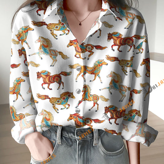 Unique Horse Pattern White Print Casual Long Sleeve Comfortable Shirt