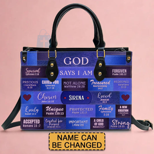 Customizable Luxury Leather Handbag - Personalized Elegance by - GOD Says I Am Blue Leather Handbag.