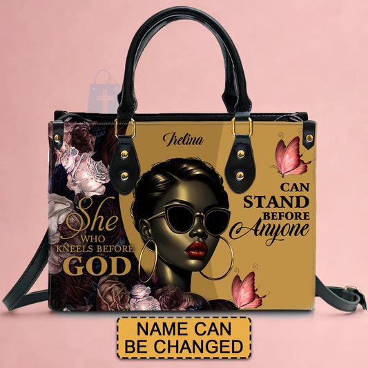 She Who Kneels Before GOD Can Stand Before Anyone, Personalized 'Irelina' Empowerment Leather Handbag - Stand Boldly | Custom Tote