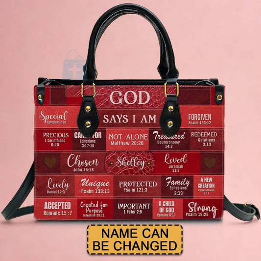 Inspirational Scripture Leather Handbag - Custom Name Tote - GOD Says I Am Red Leather Handbag.