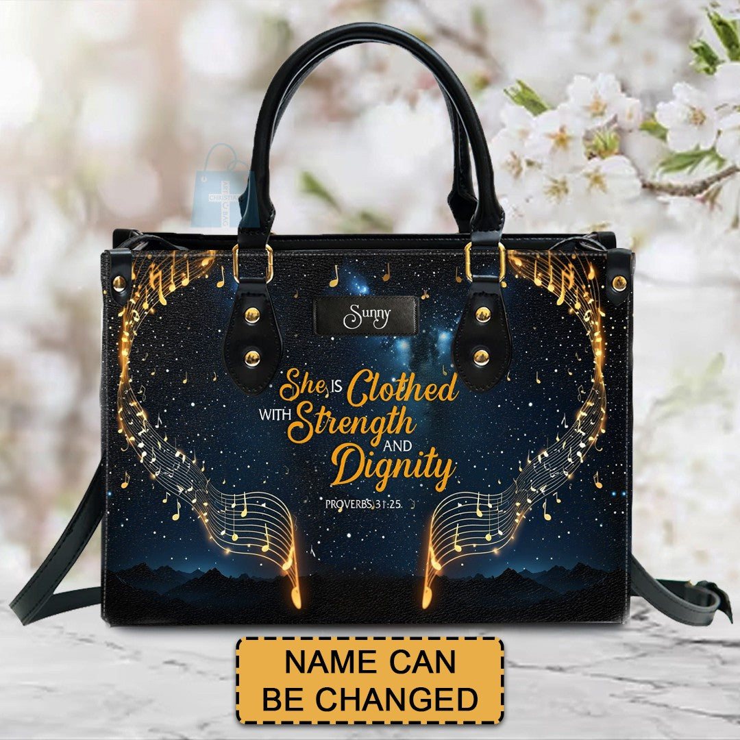 She is Clothed with Strength and Dignity - Elegant Music - Christian Leather Handbag with Bible Verse – - CAB01022225