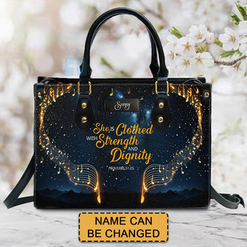 She is Clothed with Strength and Dignity - Elegant Music - Christian Leather Handbag with Bible Verse – - CAB01022225