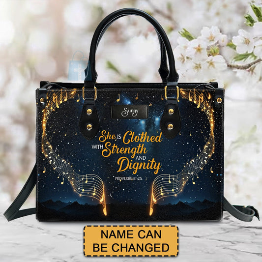 She is Clothed with Strength and Dignity - Elegant Music - Christian Leather Handbag with Bible Verse – - CAB01022225