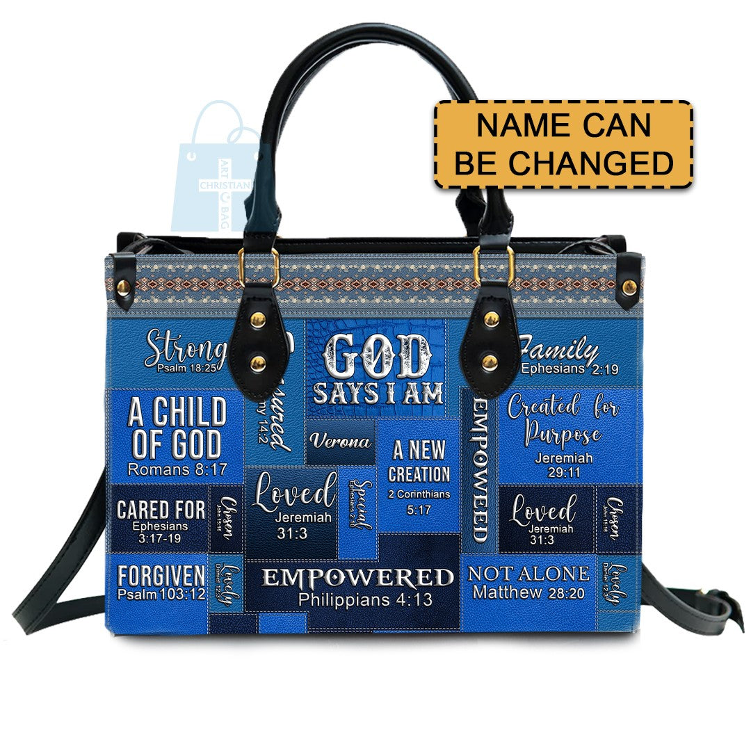 God Says I Am Leather Handbag Blue, Personalized Bags, Gifts for Women, Christmas Gift, CABLTB05240923.
